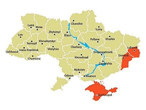 Map of Ukraine highlighting regions occupied by pro-Russian forces 2014-2022